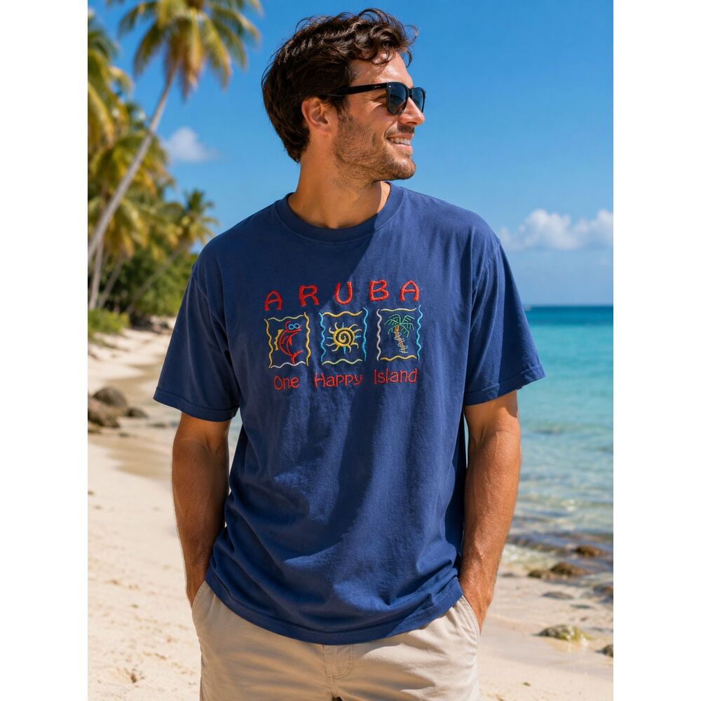 Aruba One Happy Island Embroidered T-Shirt XXL Blue Vacation Beach Tropical Tee
